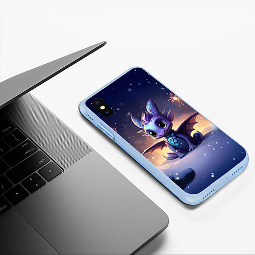 Чехол iPhone XS Max матовый Милый дракон на фоне салюта / 3D-Голубой – фото 3