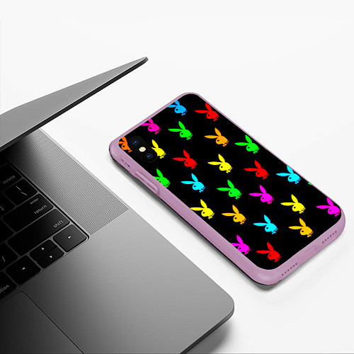 Чехол iPhone XS Max матовый Playboy pattern неон / 3D-Сиреневый – фото 3