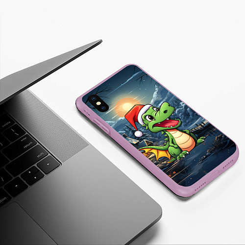 Чехол iPhone XS Max матовый Зеленый дракон на новогоднем фоне / 3D-Сиреневый – фото 3