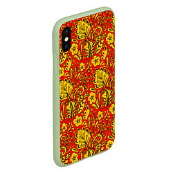 Чехол iPhone XS Max матовый Хохломская роспись золотистые цветы на красном фон, цвет: 3D-салатовый — фото 2