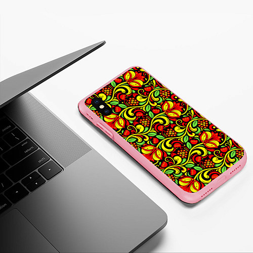 Чехол iPhone XS Max матовый Хохломская роспись красные цветы и ягоды / 3D-Баблгам – фото 3