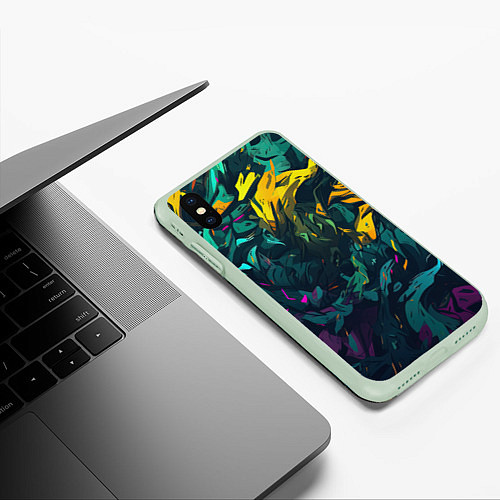 Чехол iPhone XS Max матовый Абстрактный камуфляж в кислотных абстрактных пятна / 3D-Салатовый – фото 3