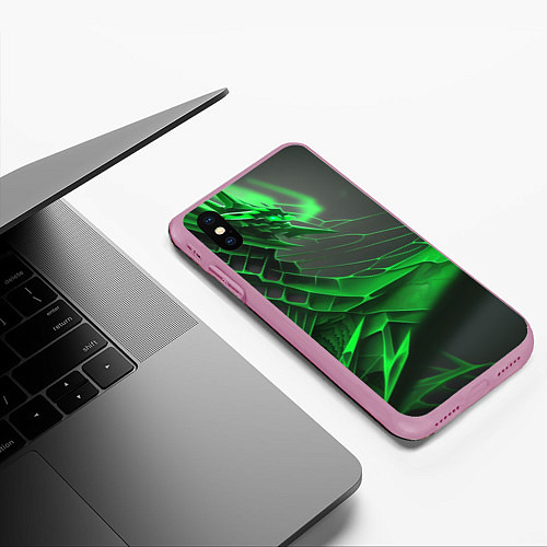 Чехол iPhone XS Max матовый Зелёная сеть на чёрном фоне / 3D-Розовый – фото 3