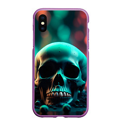 Чехол iPhone XS Max матовый Бирюзовый череп среди стеклянных шаров и боке, цвет: 3D-фиолетовый