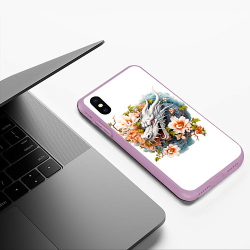 Чехол iPhone XS Max матовый Китайский дракон в цветах сакуры / 3D-Сиреневый – фото 3