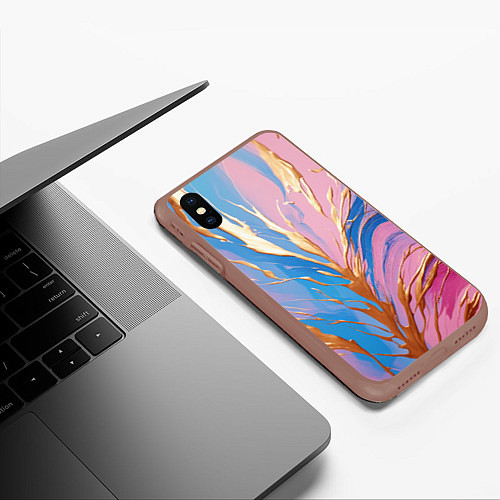 Чехол iPhone XS Max матовый Жидкая краска синего и розового цвета с золотой кр / 3D-Коричневый – фото 3