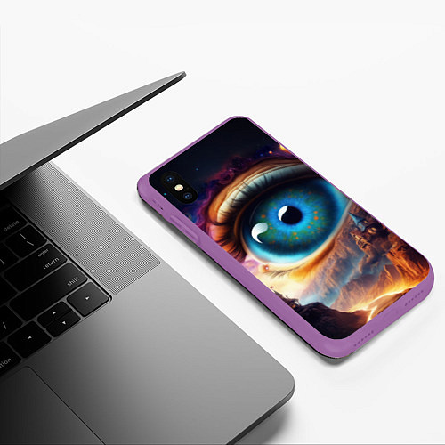 Чехол iPhone XS Max матовый Голубой глаз в небе над домами на вершине горы / 3D-Фиолетовый – фото 3