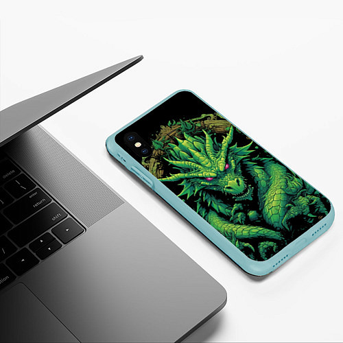 Чехол iPhone XS Max матовый Зеленый яркий неоновый дракон / 3D-Мятный – фото 3