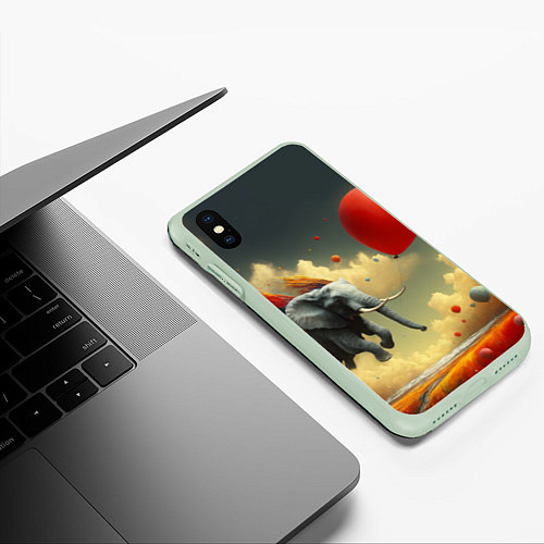 Чехол iPhone XS Max матовый Сюрреалистичный слон летит за шариком / 3D-Салатовый – фото 3