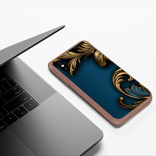 Чехол iPhone XS Max матовый Золотые узоры на синем фоне / 3D-Коричневый – фото 3