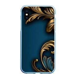 Чехол iPhone XS Max матовый Золотые узоры на синем фоне, цвет: 3D-голубой