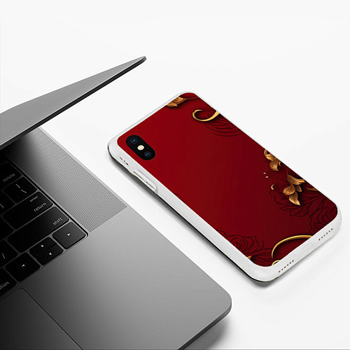Чехол iPhone XS Max матовый Узоры золотые на красном фоне / 3D-Белый – фото 3