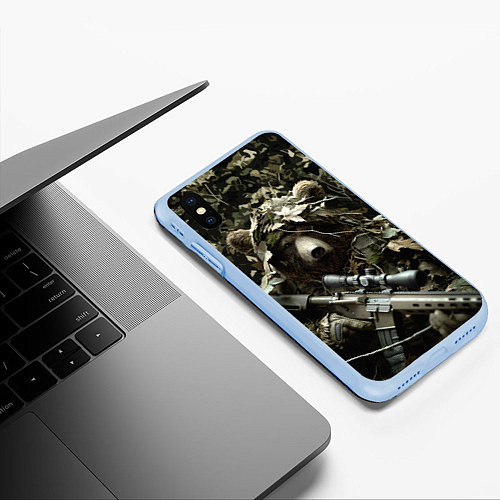 Чехол iPhone XS Max матовый Медведь снайпер маскировка / 3D-Голубой – фото 3