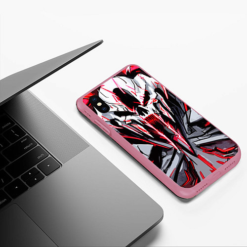 Чехол iPhone XS Max матовый Белый красный череп на чёрном фоне / 3D-Малиновый – фото 3