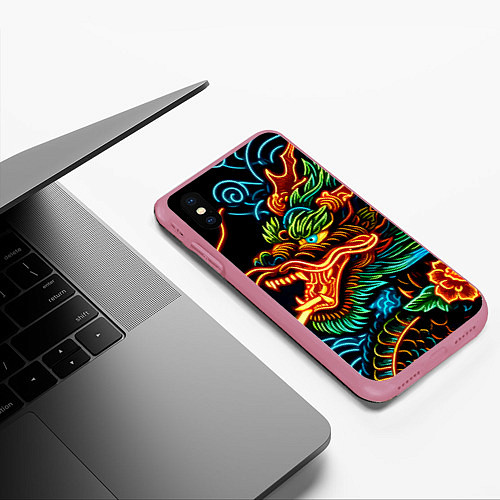 Чехол iPhone XS Max матовый Japanese neon dragon - irezumi / 3D-Малиновый – фото 3