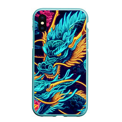 Чехол iPhone XS Max матовый Два неоновых дракона - ирезуми, цвет: 3D-мятный