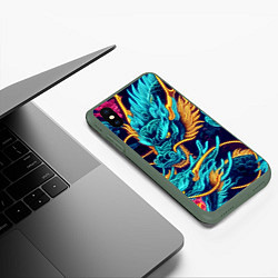 Чехол iPhone XS Max матовый Два неоновых дракона - ирезуми, цвет: 3D-темно-зеленый — фото 2