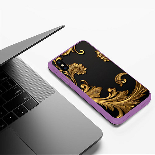 Чехол iPhone XS Max матовый Лепнина золотые объемные узоры / 3D-Фиолетовый – фото 3