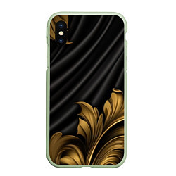 Чехол iPhone XS Max матовый Лепнина золотые узоры на черной ткани, цвет: 3D-салатовый