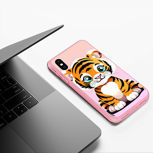 Чехол iPhone XS Max матовый Милый тигренок с цветами на фоне / 3D-Баблгам – фото 3