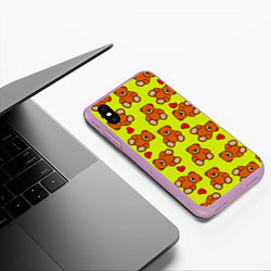 Чехол iPhone XS Max матовый Плюшевые мишки и сердца на желтом фоне, цвет: 3D-сиреневый — фото 2