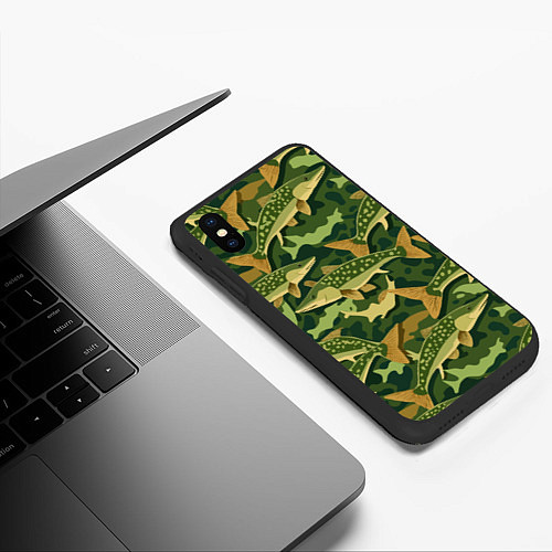 Чехол iPhone XS Max матовый Камуфляж рыболова - рыба щука / 3D-Черный – фото 3