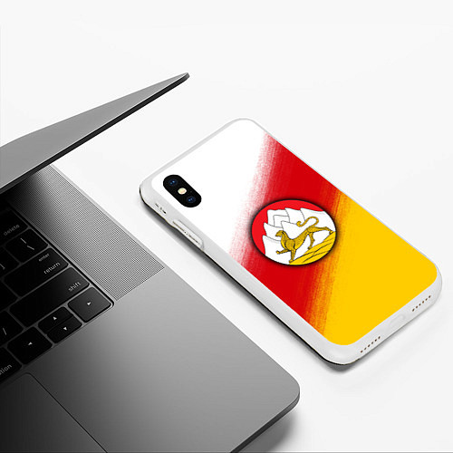 Чехол iPhone XS Max матовый Герб Осетии на фоне / 3D-Белый – фото 3