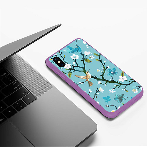 Чехол iPhone XS Max матовый Колибри ветка цветущего сада / 3D-Фиолетовый – фото 3