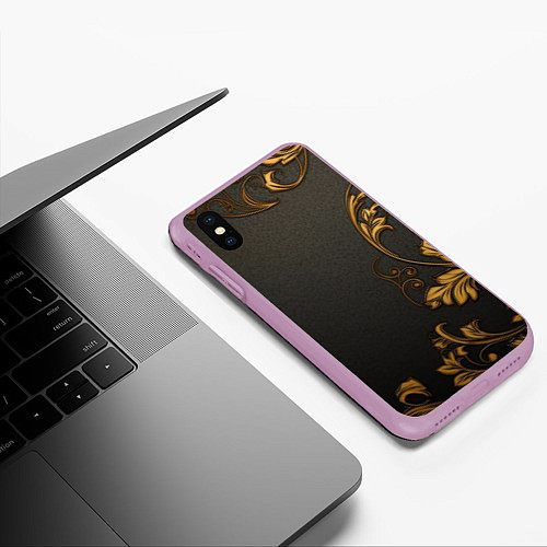 Чехол iPhone XS Max матовый Объемные золотые узоры на черной ткани лепнина / 3D-Сиреневый – фото 3