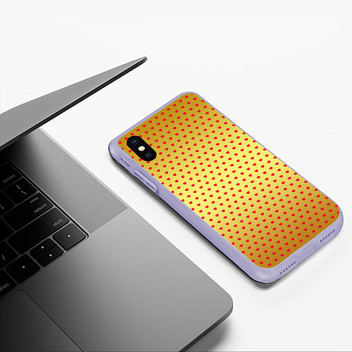 Чехол iPhone XS Max матовый Красные сердечки на золотом фоне / 3D-Светло-сиреневый – фото 3