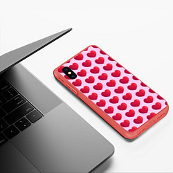 Чехол iPhone XS Max матовый Красные сердца на розовом фоне, цвет: 3D-красный — фото 2