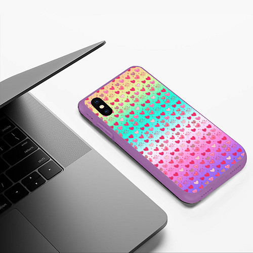 Чехол iPhone XS Max матовый Паттерн сердечки на разноцветном фоне / 3D-Фиолетовый – фото 3
