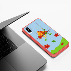 Чехол iPhone XS Max матовый Пара влюбленных попугаев на ветке с гибискусами, цвет: 3D-красный — фото 2