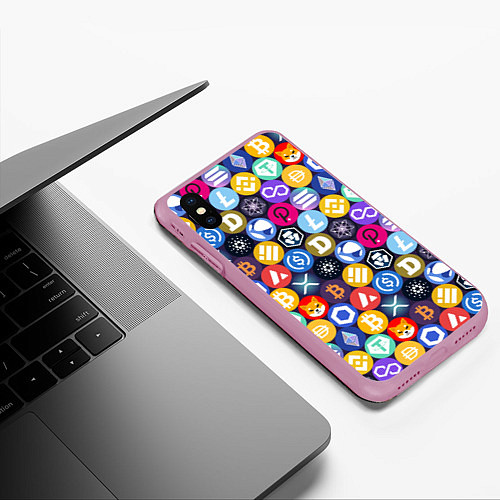 Чехол iPhone XS Max матовый Криптовалюта Биткоин, Эфириум, Тетхер, Солана патт / 3D-Розовый – фото 3