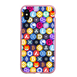 Чехол iPhone XS Max матовый Криптовалюта Биткоин, Эфириум, Тетхер, Солана патт, цвет: 3D-розовый