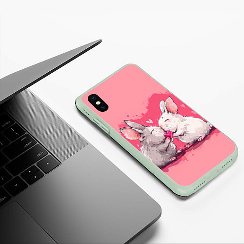 Чехол iPhone XS Max матовый Милые влюбленные кролики / 3D-Салатовый – фото 3