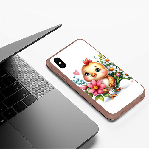Чехол iPhone XS Max матовый Мультяшный цыпленок с цветами / 3D-Коричневый – фото 3