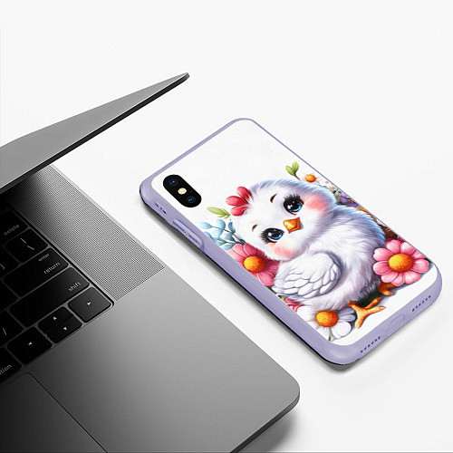 Чехол iPhone XS Max матовый Мультяшная курица с цветами акварелью / 3D-Светло-сиреневый – фото 3