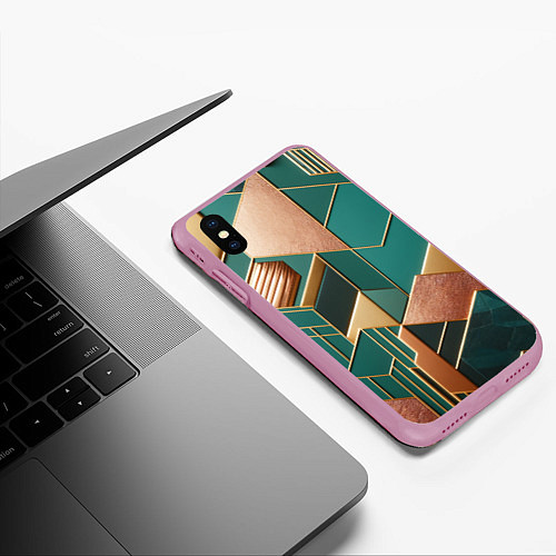 Чехол iPhone XS Max матовый Арт деко зеленый и золотой узор из геометрических / 3D-Розовый – фото 3