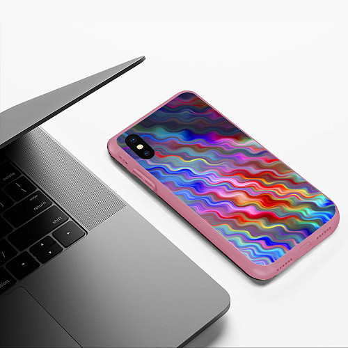 Чехол iPhone XS Max матовый Волнистые разноцветные линии / 3D-Малиновый – фото 3