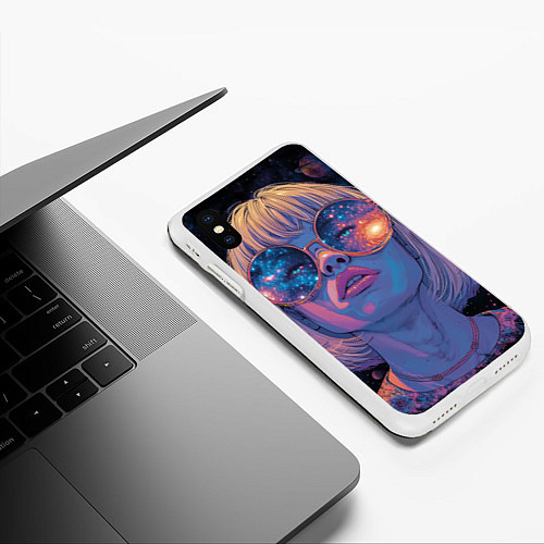 Чехол iPhone XS Max матовый Девушка в очках в космосе / 3D-Белый – фото 3