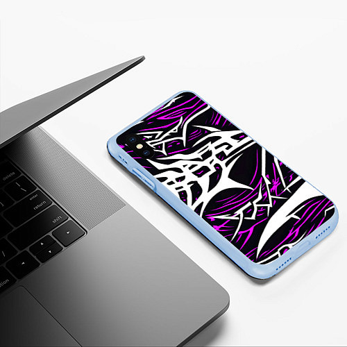 Чехол iPhone XS Max матовый Белые и розовые агрессивные линии на чёрном фоне / 3D-Голубой – фото 3