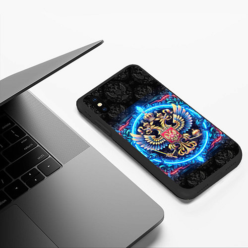 Чехол iPhone XS Max матовый Яркий неоновый герб России / 3D-Черный – фото 3