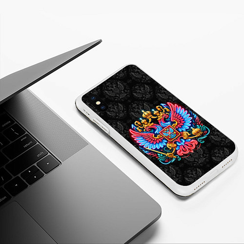 Чехол iPhone XS Max матовый Разноцветный герб России / 3D-Белый – фото 3