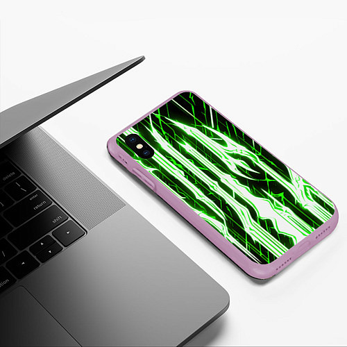 Чехол iPhone XS Max матовый Зелёные неоновые полосы на чёрном фоне / 3D-Сиреневый – фото 3