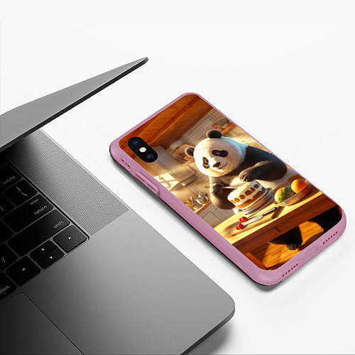 Чехол iPhone XS Max матовый Панда на кухне готовит торт / 3D-Розовый – фото 3