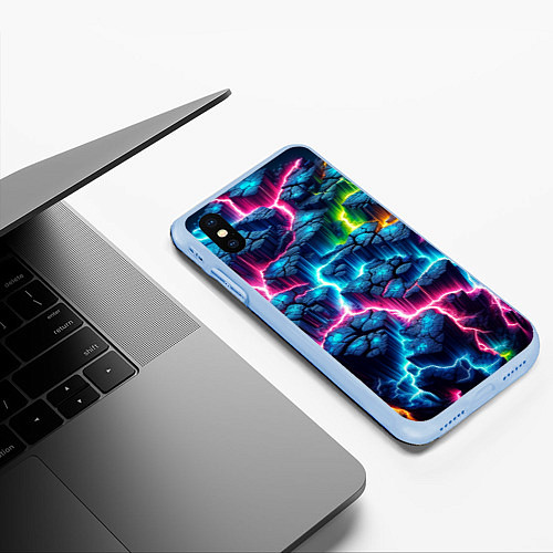 Чехол iPhone XS Max матовый Трещины и неон / 3D-Голубой – фото 3