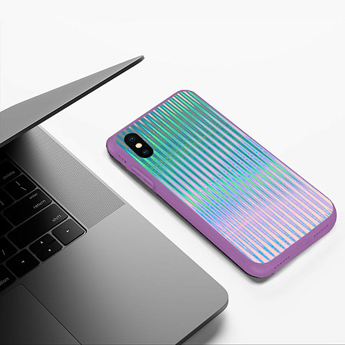 Чехол iPhone XS Max матовый Голографический эффект светлых тонов полос / 3D-Фиолетовый – фото 3