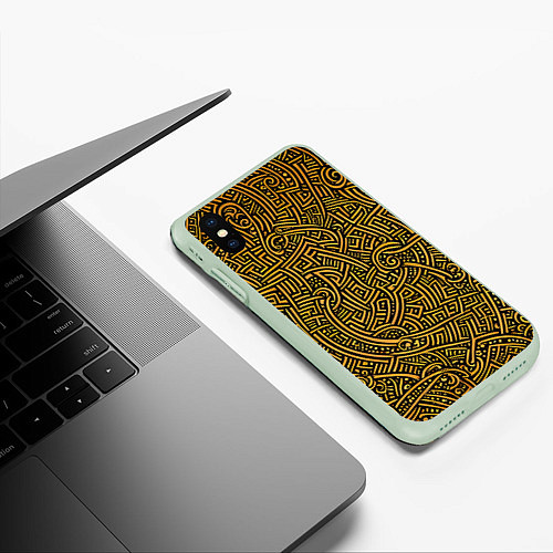 Чехол iPhone XS Max матовый Золотые узоры на черном фоне / 3D-Салатовый – фото 3