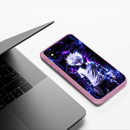 Чехол iPhone XS Max матовый Киллуа Золдик и неоновые молнии / 3D-Розовый – фото 3